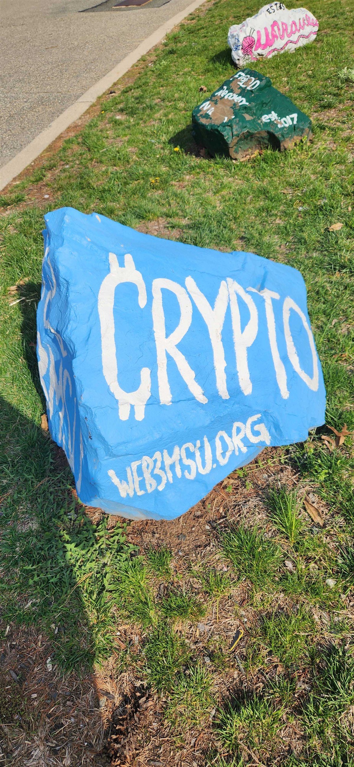 The Blockchain MSU website painted on a blue Rock at Montclair State University